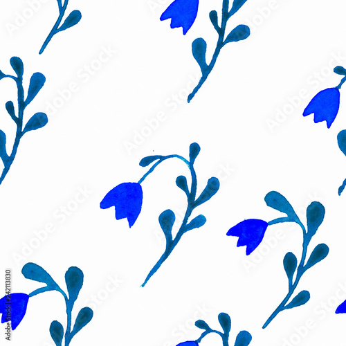 Fototapeta Naklejka Na Ścianę i Meble -  Cute watercolor floral seamless pattern. Blue boho