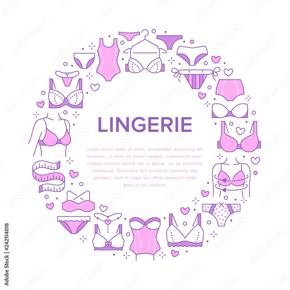 Lingerie circle poster with flat line icons of bra types, panties. Woman underwear background, vector illustration of brassiere, bikini, swimwear. Pink white concept for clothing store brochure