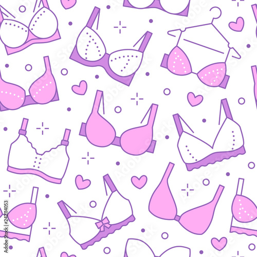 Lingerie seamless pattern with flat line icons of bra types. Woman underwear background, vector illustrations of brassiere. Cute pink white wallpaper for clothes store