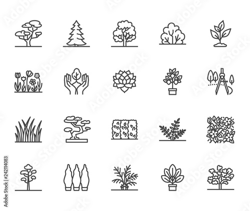 Trees flat line icons set. Plants, landscape design, fir tree, succulent, privacy shrub, lawn grass, flowers vector illustrations. Thin signs for garden store. Pixel perfect 64x64. Editable Strokes