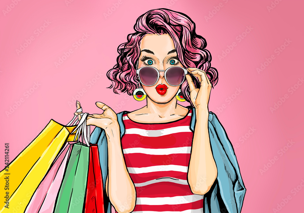 Amazed young sexy woman in glasses with shopping bags in comic style. Pop  Art wow girl. Advertising poster with surprised magazine cover female  model. Stock イラスト | Adobe Stock