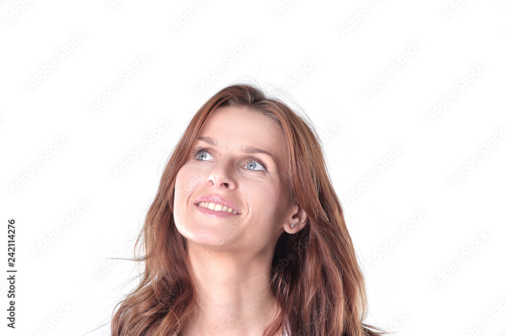 close up. business woman looking at copy space close up. business woman looking at copy space