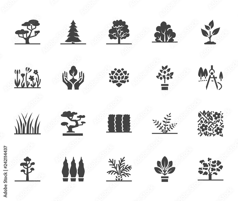 Trees flat glyph icons set. Plants, landscape design, fir tree, succulent, privacy shrub, lawn grass, flowers vector illustrations. Signs for garden store. Solid silhouette pixel perfect 64x64 - obrazy, fototapety, plakaty 