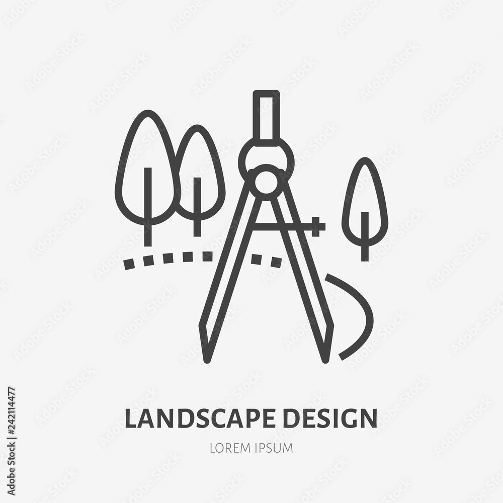 Landscape design flat line icon. Vector thin sign of landscaping, engineering logo. Illustration of trees and compass Landscape design flat line icon. Vector thin sign of landscaping, engineering logo. Illustration of trees and compass
