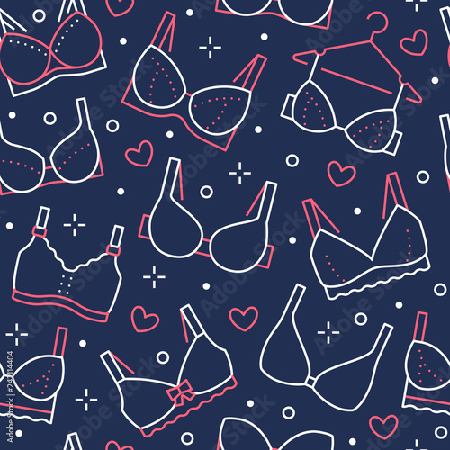 Lingerie seamless pattern with flat line icons of bra types. Woman underwear background, vector illustrations of brassiere. Cute blue white wallpaper for clothes store