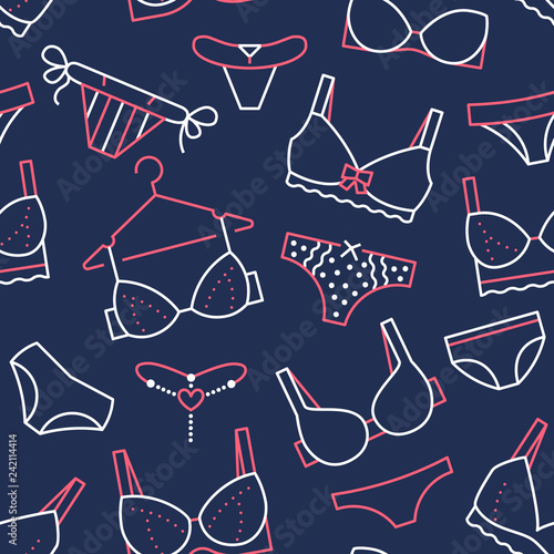Lingerie seamless pattern with flat line icons of bra types, panties. Woman underwear background, vector illustrations of brassiere, bikini, swimwear. Cute blue white wallpaper for clothes store