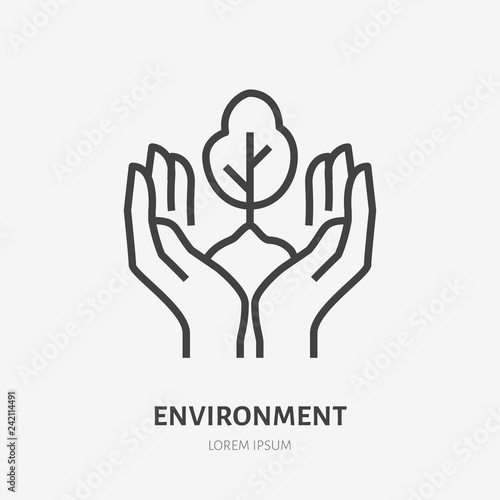 Hands holding soil with tree flat line icon. Vector thin sign of environment protection, ecology concept logo. Landscaping illustration, plant growing emblem