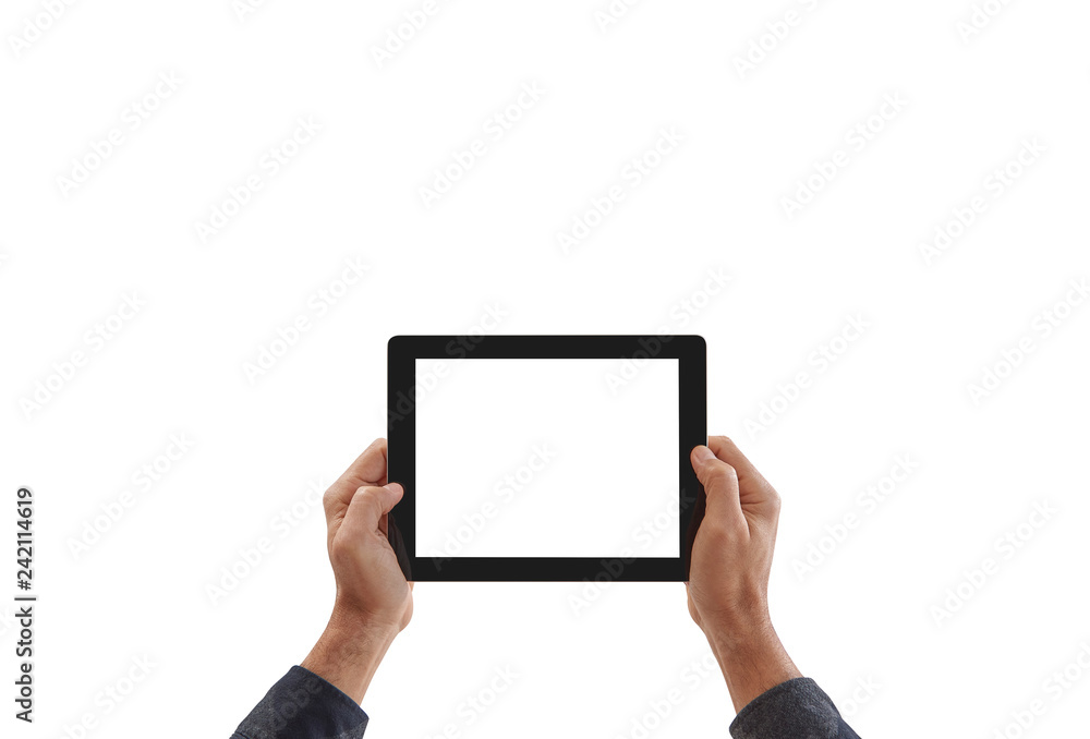 Man is holding a tablet white background and isolated. Horizontal holding phone. Man is holding a tablet white background and isolated. Horizontal holding phone.