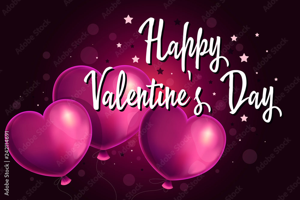 Card with pink balloons on a beautiful burgundy background with lights and bokeh. Valentine's Day. Vector file. Card with pink balloons on a beautiful burgundy background with lights and bokeh. Valentine's Day. Vector file.