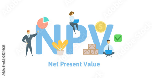 NPV, Net Present Value. Concept with keywords, letters and icons. Colored flat vector illustration. Isolated on white background.