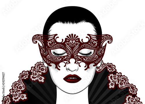 Beauty woman wearing venetian masquerade carnival mask. Christmas Mystery Masquerade. Vector illustration