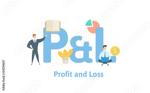P and L, profit and loss. Concept with keywords, letters and icons. Colored flat vector illustration. Isolated on white background.
