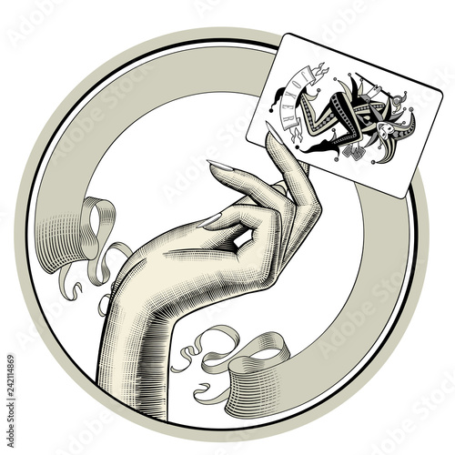 Round retro label with ribbon and woman's hand holding Joker playing card. Casino game retro concept design. Vintage engraving stylized drawing. Vector .illustration