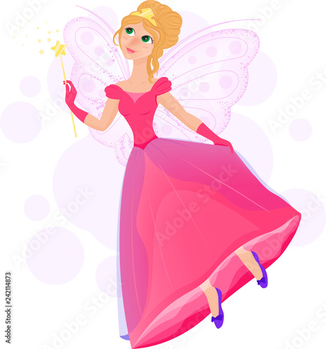 Vector cartoon character isolated princess fairy girl character with a magic wand in a pink beautiful dress.