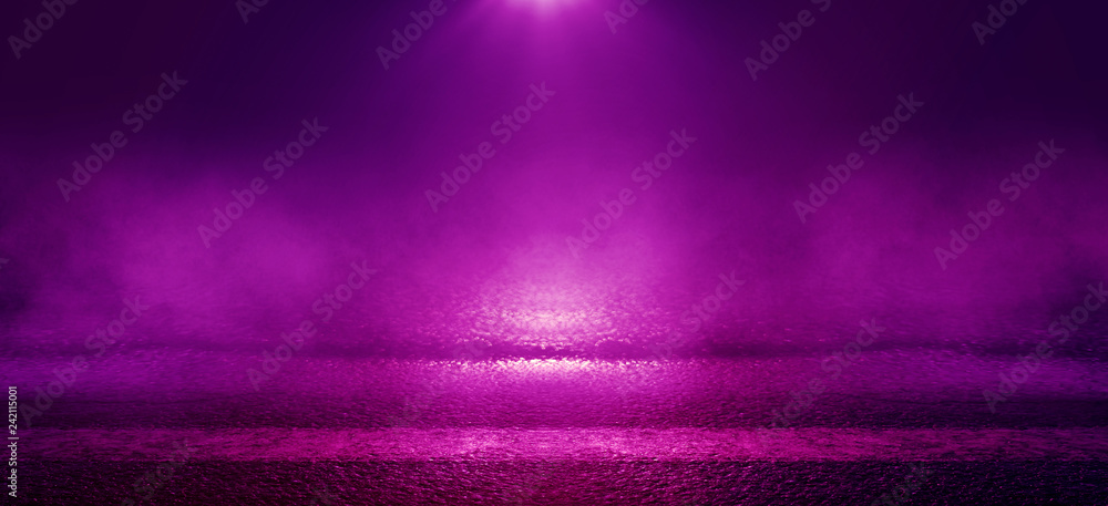 The background of wet asphalt, the reflection of the night lights of the city, neon pink light, smoke