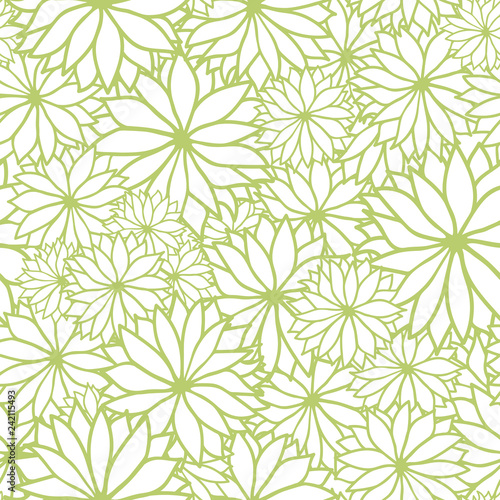 Vector green and white floral seamless pattern background. This texture of overlapping flowers is excellent for fabric, wrapping paper, wallpaper, scrapbooking projects.