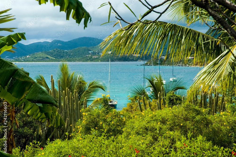 View from Marina Cay to Camanoe Island and Tortola with sail boats