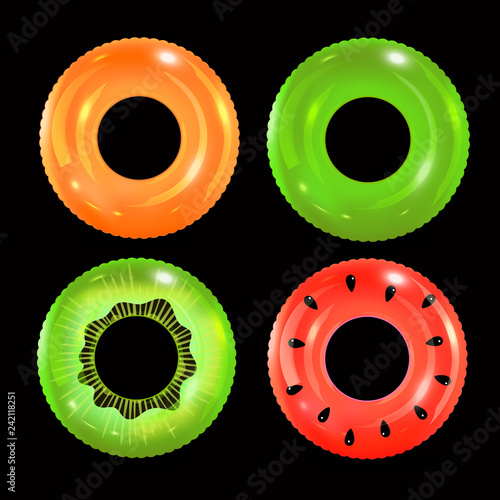 Swim rings set on black background. Inflatable rubber toy. Lifebuoy colorful vector collection. Summer. Realistic summertime illustration. Summer vacation or trip safety. photo