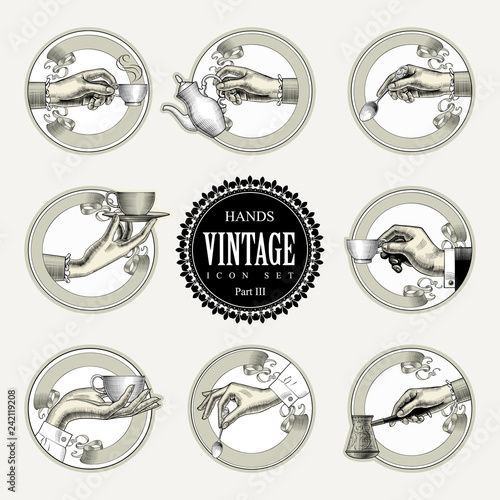 Coffee collection. Many different hands held up holding a cup of coffee, coffee spoon, coffee pot, arabic Turk. Coffee concept. Vintage engraving stylized drawing. Vector illustration