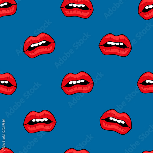 Female lips. Mouth with a kiss  smile  tongue  teeth and kiss me lettering on background. Vector comic seamless pattern in pop art retro style. Abstract seamless pattern for girls  boys  clothes.