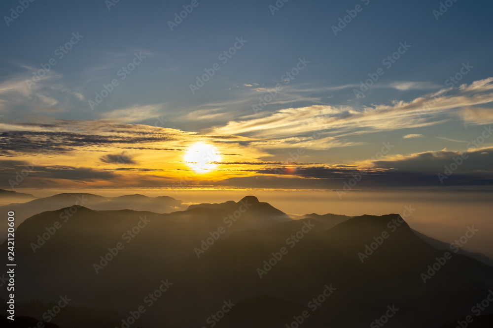 Sunrise from Adams peak or Sri Pada mountain, Sri lanka