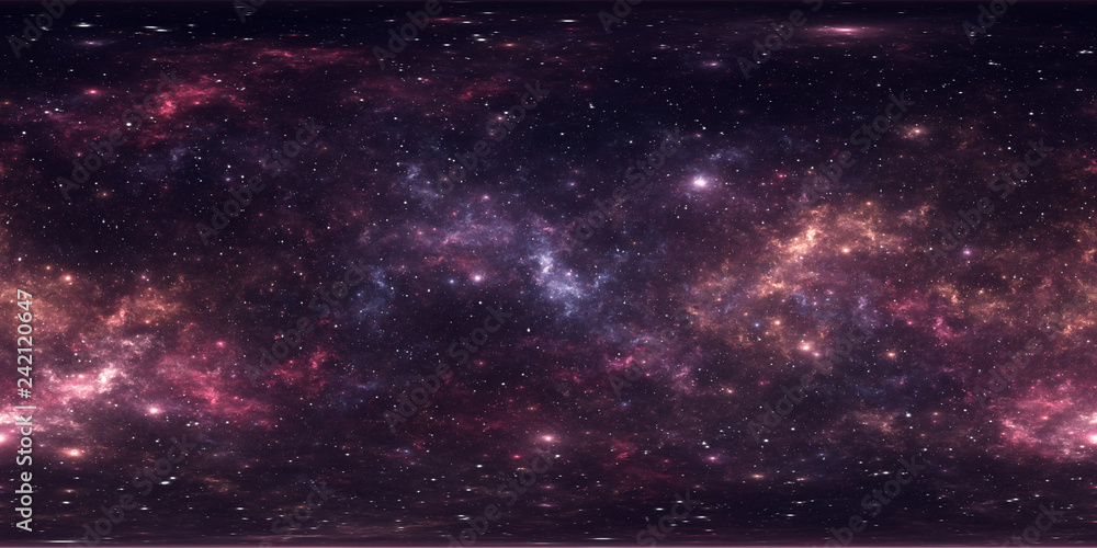Obraz premium Międzygwiezdna chmura gazu i pyłu. Głębokie tło kosmosu z gwiazdami. Mgławica kosmiczna. Panorama, mapa 360 HDRI środowiska. Rzut równomierny, panorama sferyczna