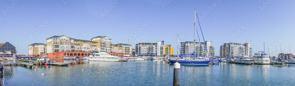 the waterfront at sovereign harbor marina in eastbourne, uk
