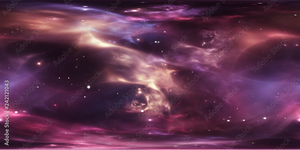 Fototapeta premium Międzygwiezdna chmura gazu i pyłu. Głębokie tło kosmosu z gwiazdami. Mgławica kosmiczna. Panorama, mapa 360 HDRI środowiska. Rzut równomierny, panorama sferyczna