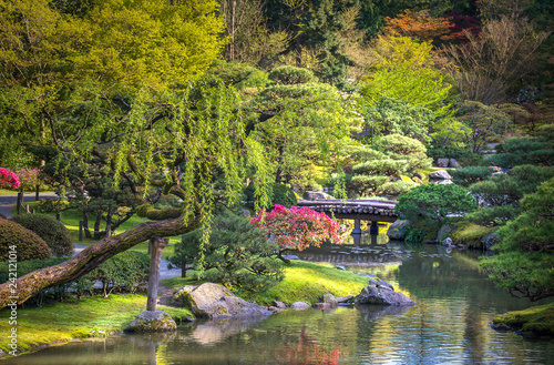 Canvas Print Japanese garden with small pond and a bridge in Seattle, Washington