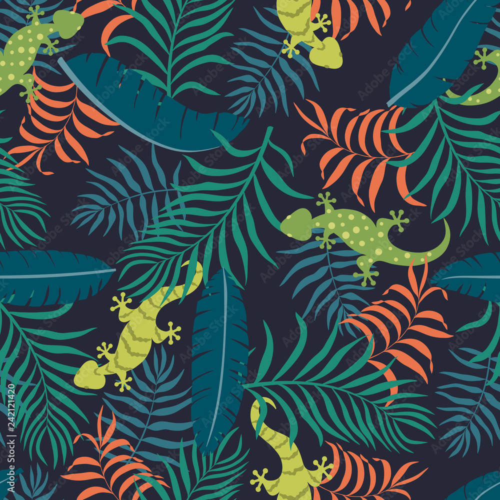 Tropical background with palm leaves and lizards. Seamless floral pattern. Summer vector illustration. Flat jungle print
