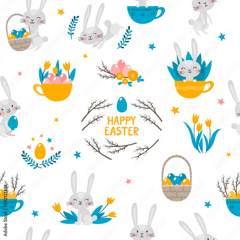 Vector seamless pattern with rabbits, flowers and eggs on white