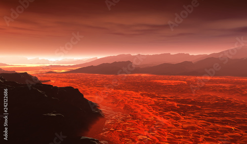 Surface of Venus. Hot lava flows on Venus