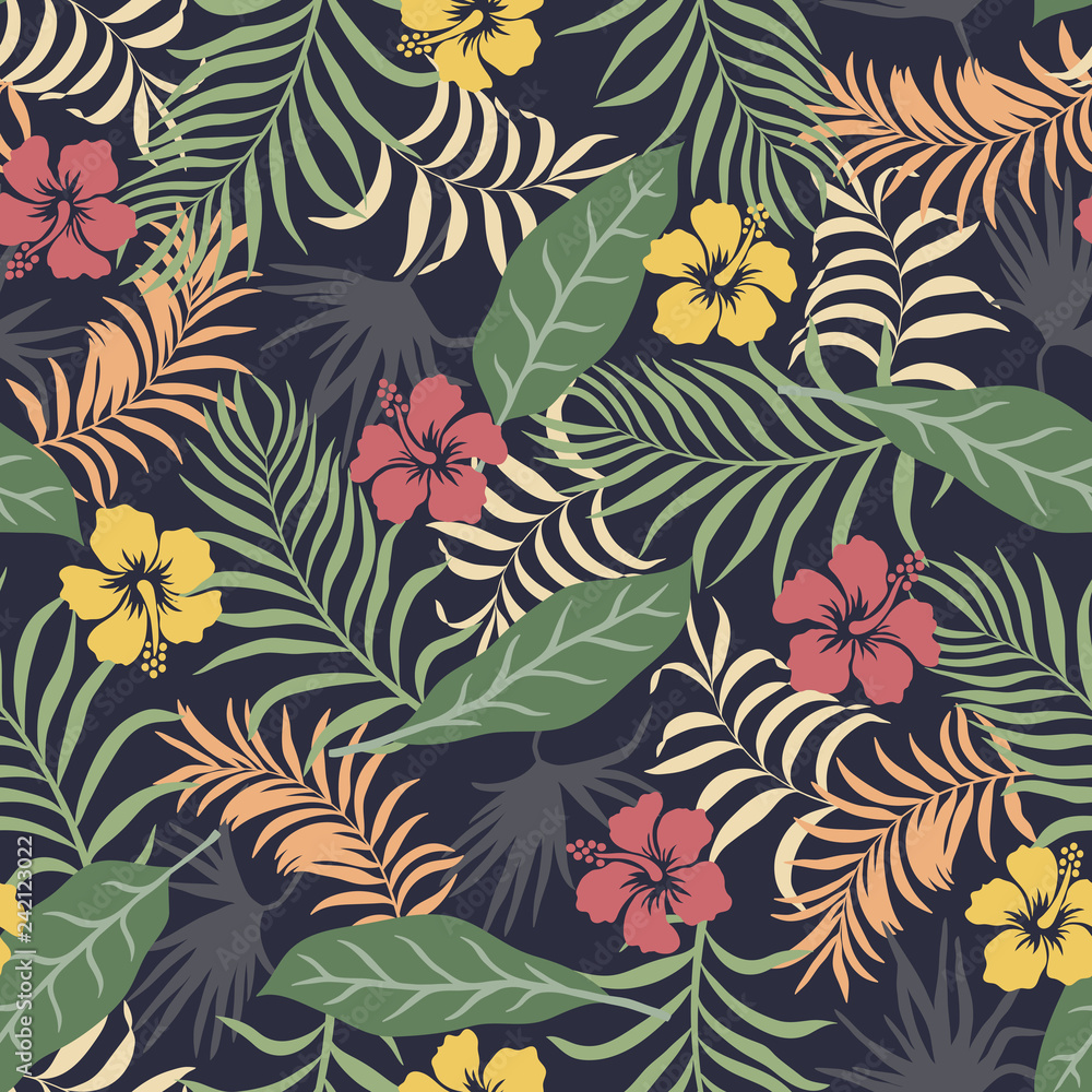 Tropical background with palm leaves and flowers. Seamless floral pattern. Summer vector illustration. Flat jungle print