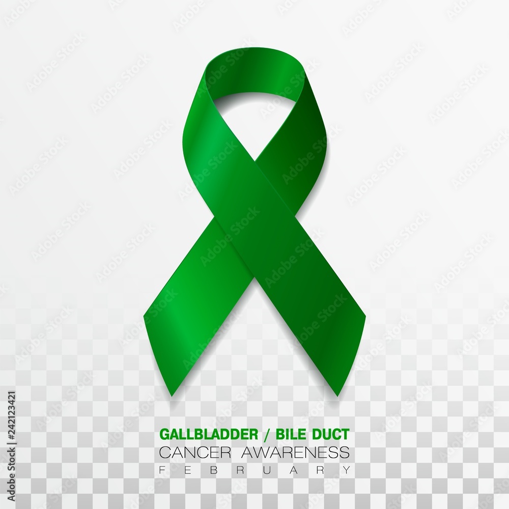 Gallbladder and Bile Duct Cancer Awareness Month. Realistic Kelly Green ribbon symbol. Medical Design. Vector Illustration. Gallbladder and Bile Duct Cancer Awareness Month. Realistic Kelly Green ribbon symbol. Medical Design. Vector Illustration.