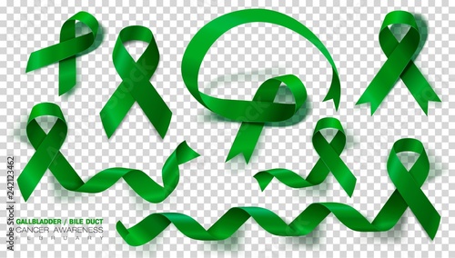 Set. Gallbladder and Bile Duct Cancer Awareness Month. Realistic Kelly Green ribbon symbol. Medical Design. Vector Illustration.