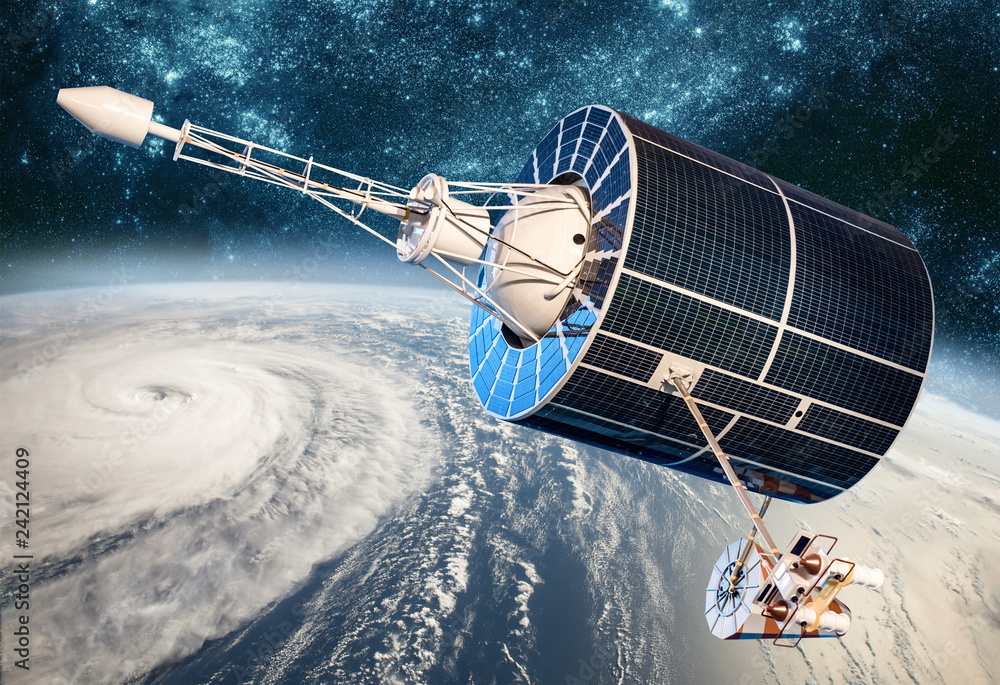 Naklejka premium Monitorowanie satelity kosmicznego z pogody na orbicie Ziemi z kosmosu, huraganu, tajfunu na planecie Ziemi.
