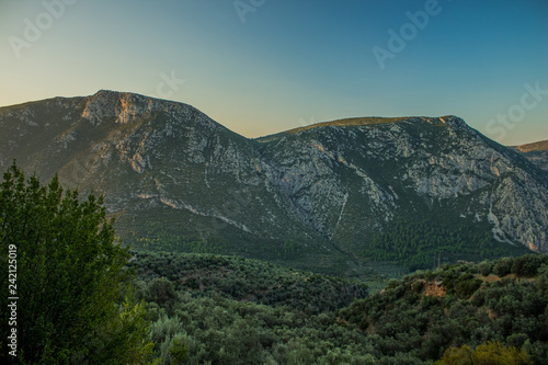 Picturesque scenic landscape of Switzerland mountain ridge in morning sunrise twilight