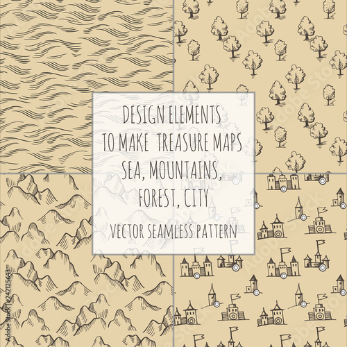 Example design elements to make your own fantasy or treasure maps. Includes city, forest, mountains, sea, waves, ocean. Imitation of medieval drawings. Hand-drawn sketch. Vector