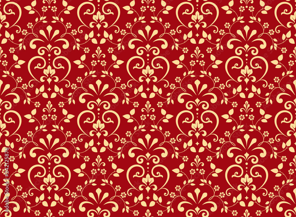 Wallpaper in the style of Baroque. Seamless vector background. Red and gold floral ornament. Graphic pattern for fabric, wallpaper, packaging. Ornate Damask flower ornament