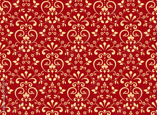 Wallpaper in the style of Baroque. Seamless vector background. Red and gold floral ornament. Graphic pattern for fabric, wallpaper, packaging. Ornate Damask flower ornament
