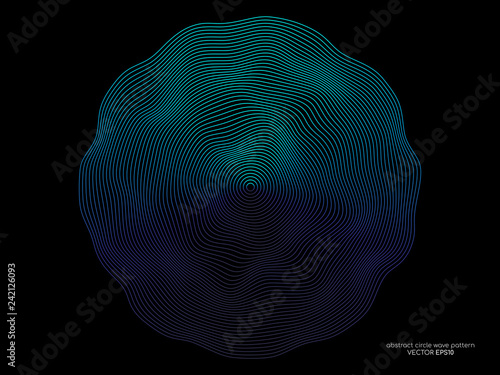 Abstract flowing wave circles line pattern light blue and green isolated on black background. Vector design element in the concept of music, sound, technology, innovation, AI