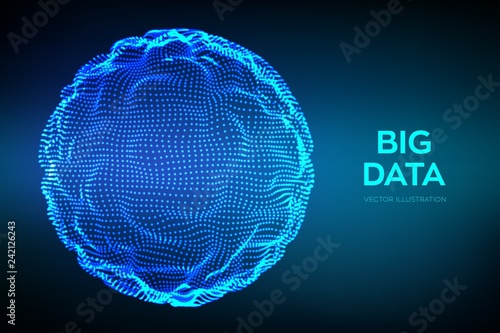 Abstract bigdata science background. Sphere grid wave. Big data innovation technology. Blockchain network analysis. Ai tech futuristic wireframe. Artificial intelligence. Vector illustration.