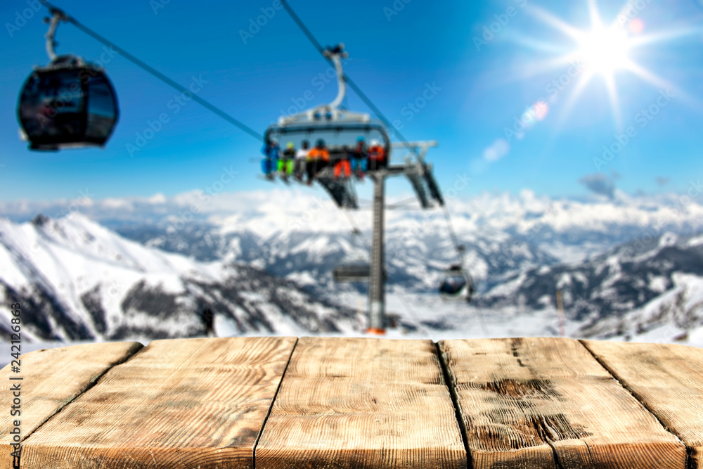 Fototapeta premium Winter table background and mountains landscape 