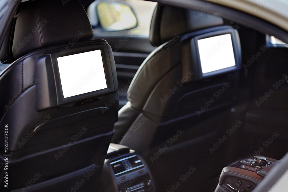 Car inside headrest screen mock up. Two white displays for back seats