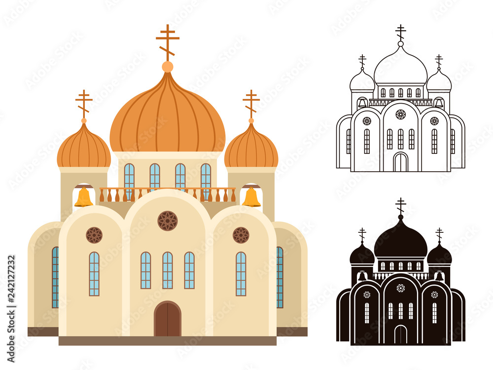 Vector christian church icons. Line, silhouette and flat church buildings isolated on white background