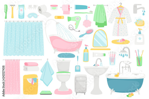 Bathroom cartoon elements. Vector bath room interior furniture and hygiene accessories, bath and towel, soap and toothbrush