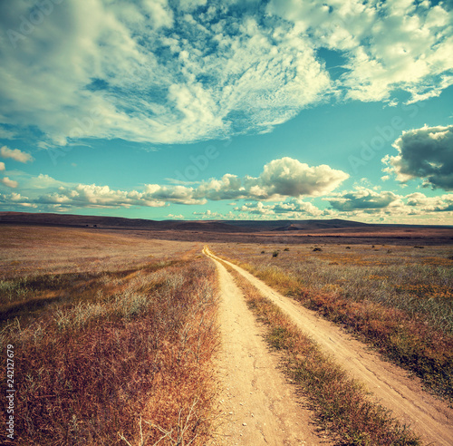 Dirt road in the steppe on a sunny day