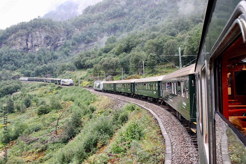 Famous Norwegian Flamsbana train going uphill on its way to Myrdal station and crossing with another one going downhill.  This railroad track is said to be one of the most beautiful ones on earth.