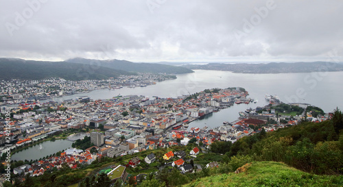 Aerial view of Bergen city from Mount Floyen, the most known of the seven hills surrounding this Norwegian town. 