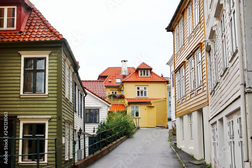 Several typical colorful houses close to Floyen park and Bryggen neighborhood in the beautiful city of Bergen, Norway.